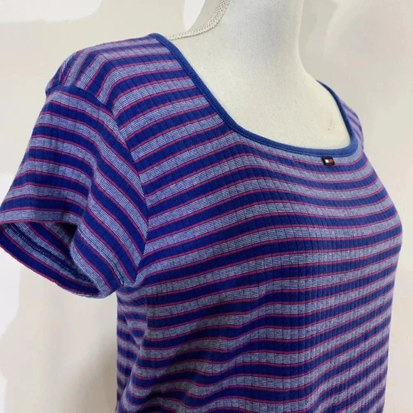 Tommy Hilfiger Tommy Jeans Striped T Shirt Y2K Womens Square Neck Logo Side Slit - Picture 5 of 7